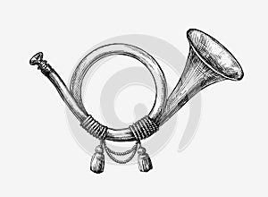 Hand drawn vintage hunting horn. Sketch post . Vector illustration photo