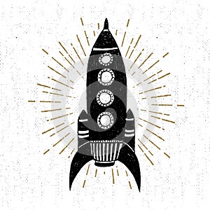 Hand drawn vintage icon with rocket vector illustration