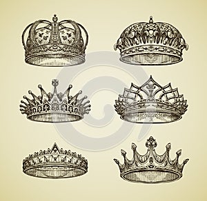 Hand-drawn vintage imperial crown in retro style. King, Emperor, dynasty, throne, luxury symbol. Vector illustration