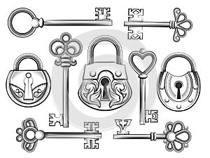 Hand drawn vintage key and lock vector set