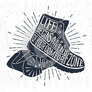 Hand drawn vintage label with textured boots vector illustration.