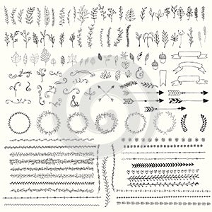 Hand drawn vintage leaves, arrows, feathers, wreaths, dividers, ornaments and floral decorative elements