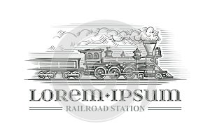 Hand drawn vintage locomotive engraving style. Vector. Text outlined.