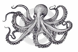 Hand drawn vintage octopus, squid engraved ocean animal, marine seafood vector illustration on white background photo