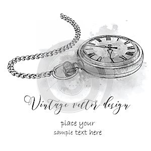 Hand drawn vintage postcard. A pocket watch on abstract background with Watercolor Stains