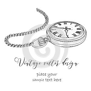 Hand drawn vintage postcard. A pocket watch on a chain and flowers. Vector illustration