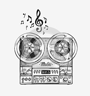 Hand-drawn vintage reel to tape recorder. Sketch music. Vector illustration photo