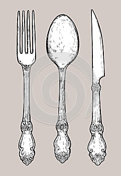 Hand drawn vintage silver cutlery.