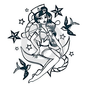 Hand Drawn Vintage Tattoo Ink Sailor Girl