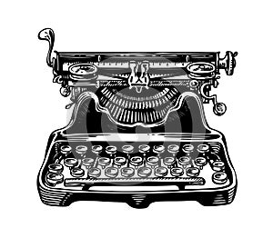 Hand-drawn vintage typewriter, writing machine. Publishing, journalism symbol. Sketch vector illustration photo