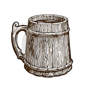 Hand-drawn vintage wooden mug of craft beer. Ale, brew, drink symbol. Sketch vector illustration