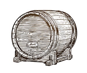 Hand drawn vintage wooden wine cask. Drink, oak barrel sketch. Vector illustration photo