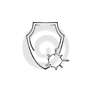 Hand drawn virus and shield icon isolated on white