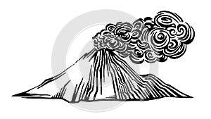 Hand drawn volcano eruption outline sketch. Vector black ink drawing isolated on white background. Graphic illustration