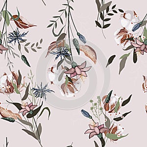Hand drawn wallpaper botanical print.  Vector illustration. Blooming  Flowers. Realistic isolated seamless floral pattern on