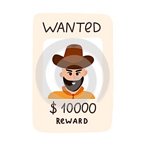 Hand drawn wanted poster with cowboy clipart. Simple colorful doodle with vintage western banner with reward. Criminal