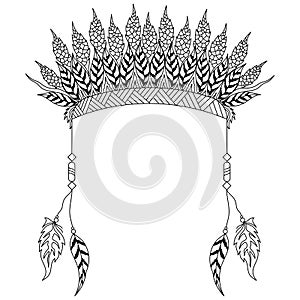 Hand drawn War Bonnet with ethnic feathers, Beautiful Headdress, Creative boho style vector illustration or element.