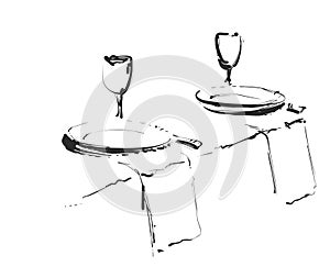 Hand Drawn wares. Romantic dinner for two. Serving. Wine glass