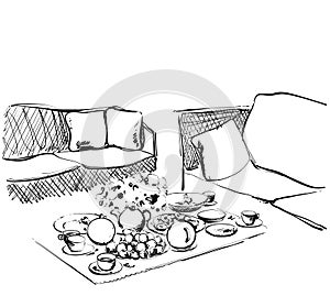 Hand Drawn wares sketch. Romantic dinner for two. Food and drink in interior