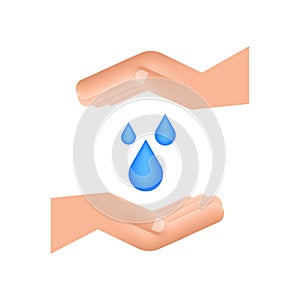 Hand drawn water drop in hands for banner design. Planet earth. Save earth water.