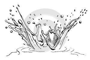 Hand drawn water/milk splash with ripple on white backg