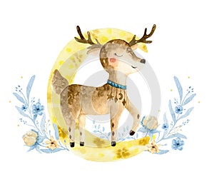 Hand drawn watercolo Deer illustration for kids. Bohemian illustrations with animals, stars, magic and runes.