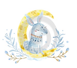 Hand drawn watercolo Rabbit illustration for kids. Bohemian illustrations with animals, stars, magic and runes.