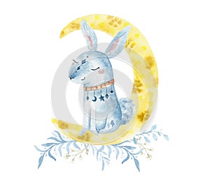 Hand drawn watercolo Rabbit illustration for kids. Bohemian illustrations with animals, stars, magic and runes.