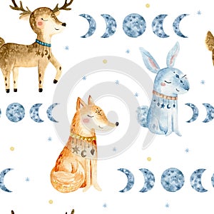 Hand drawn watercolo Seammless pattern. Bohemian illustrations with animals, stars, magic and runes. Cute animals in the