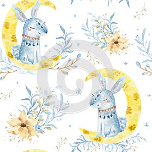 Hand drawn watercolo Seammless pattern. Rabbit illustration for kids. Bohemian illustrations with animals, stars, magic