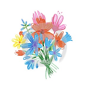 Hand drawn watercolor abstract daisy and tulip flowers bouquet isolated on white background. Can be used for cards, label, poster