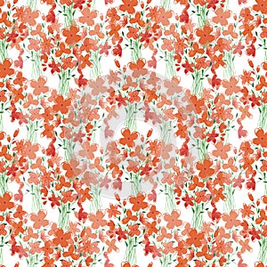Hand drawn watercolor abstract orange daisy flowers bouquet seamless pattern isolated on white background. Can be used for textile