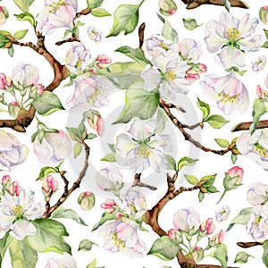 Hand drawn watercolor apple blossom, white and red flowers and green leaves. Seamless pattern. Isolated object on white