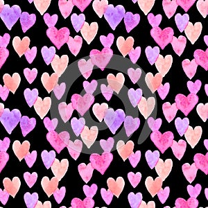 Hand drawn watercolor aquarelle seamless pattern with random little purple violet pink hearts on black background