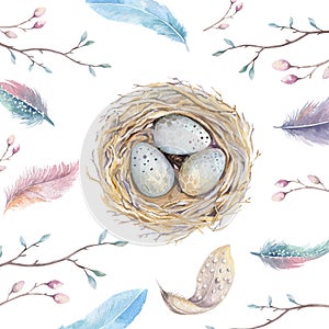 Hand drawn watercolor art bird nest with eggs ,easter design.