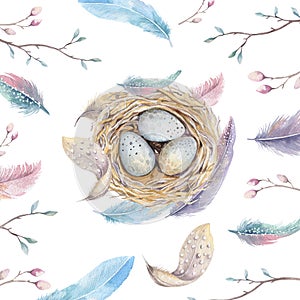 Hand drawn watercolor art bird nest with eggs , easter design.