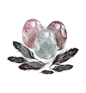Hand drawn watercolor art bird nest with marble eggs, easter design.