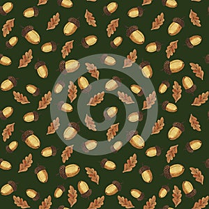 Hand drawn watercolor autumn oak seamless pattern. Brown oak leaves and acorns  seamless texture on green background