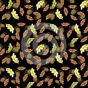 Hand drawn watercolor autumn oak seamless pattern. Colorful oak leaves and acorns  seamless texture on black background