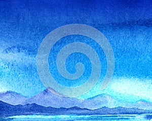 Hand-drawn watercolor background. Dark blue gradient sky. Blurred silhouettes of transparent mountain ranges on the horizon line.