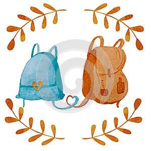 Hand drawn watercolor backpacks