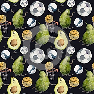 Hand drawn watercolor ball sports gear equipment, avocado playing, soccer volleyball basketball. Illustration isolated