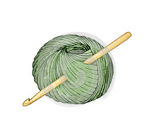 Hand drawn watercolor ball of yarn for knitting with a crochet hook photo