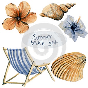 Hand drawn watercolor beach set: chair, flowers and shells. Vacation objects
