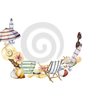 Hand drawn watercolor beach striped accessories bag chair umbrella. Circle wreath frame. Isolated on white background