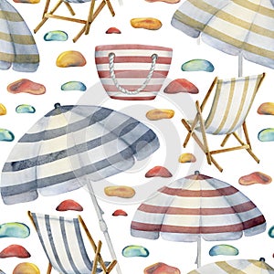 Hand drawn watercolor beach striped chairs bags and umbrellas Seamless pattern. Isolated on white background. Design