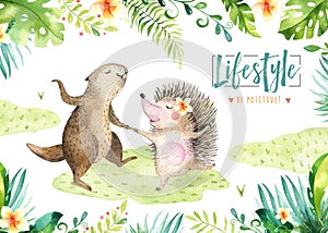 Hand drawn watercolor beaver and hedgehog dancing animals. Boho illustrations, jungle tree, brazil trendy art. Perfect