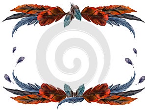 Hand drawn watercolor bird feather plume quill boho tribal ethnic indian blue red. Horizontal frame isolated white