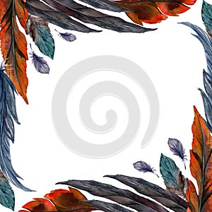 Hand drawn watercolor bird feather plume quill boho tribal ethnic indian blue red. Square frame isolated on white