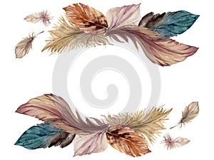 Hand drawn watercolor bird feather plume quill boho tribal ethnic indian brown. Horizontal frame isolated on white